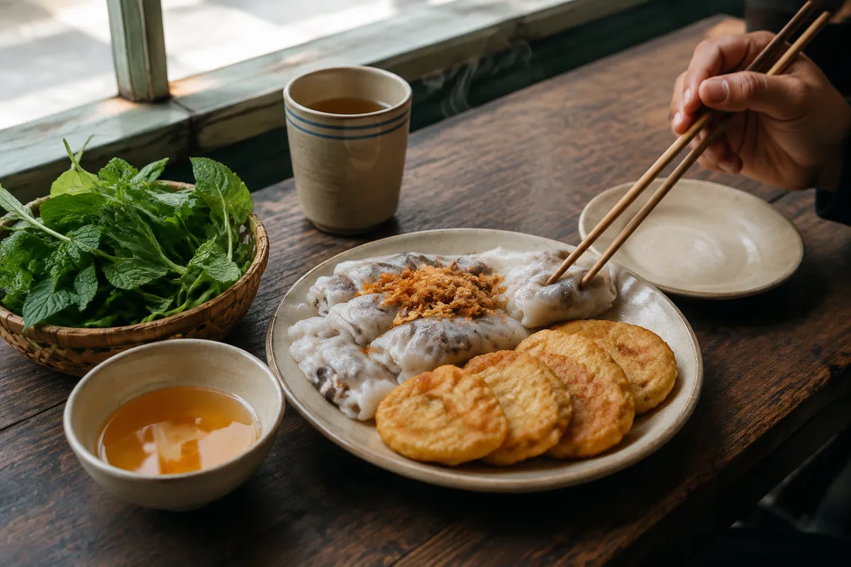 Golden Ha Long squid cakes served beside steamed rice rolls and herbs