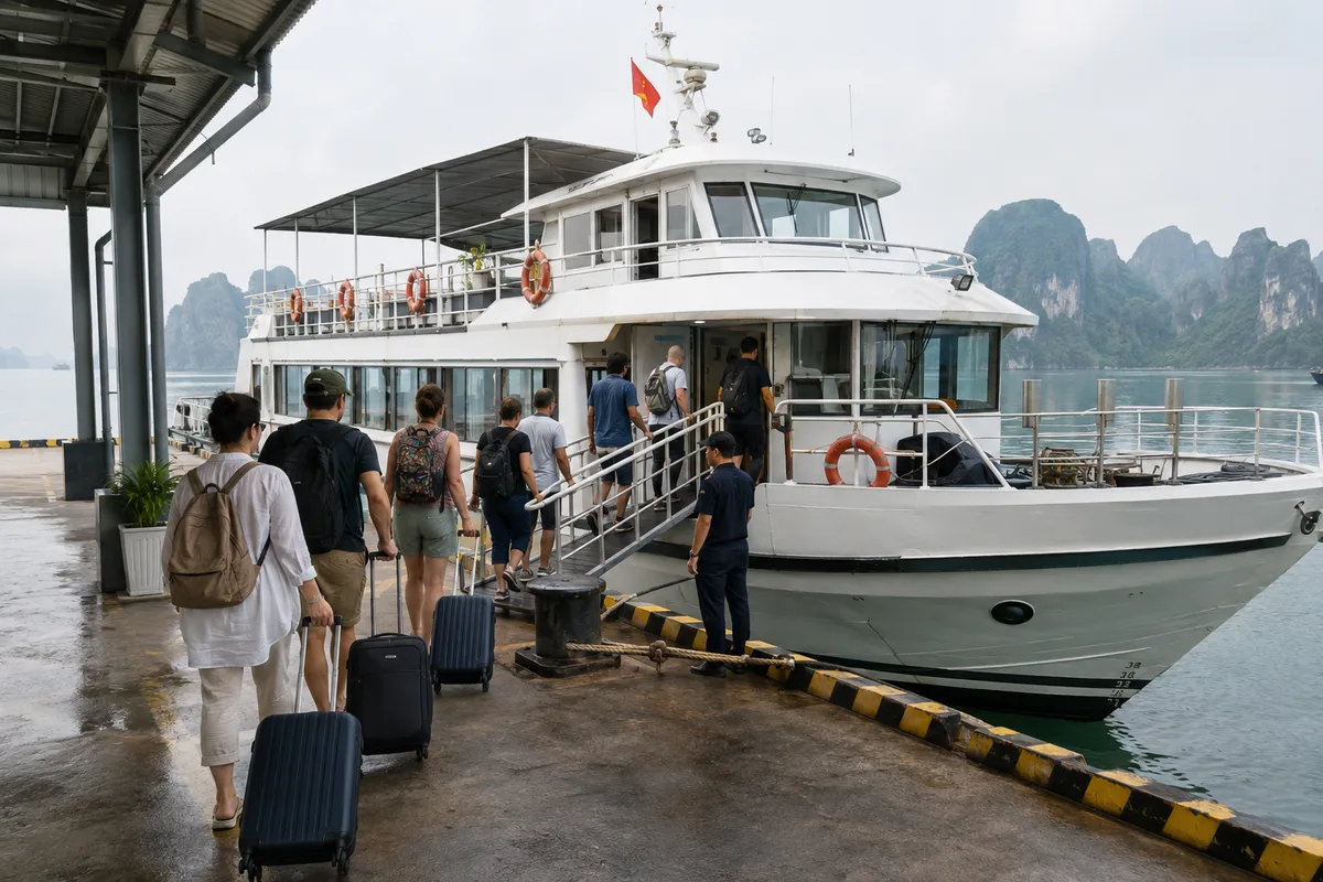 Travellers boarding an unbranded passenger cruise vessel from a sheltered Ha Long harbour