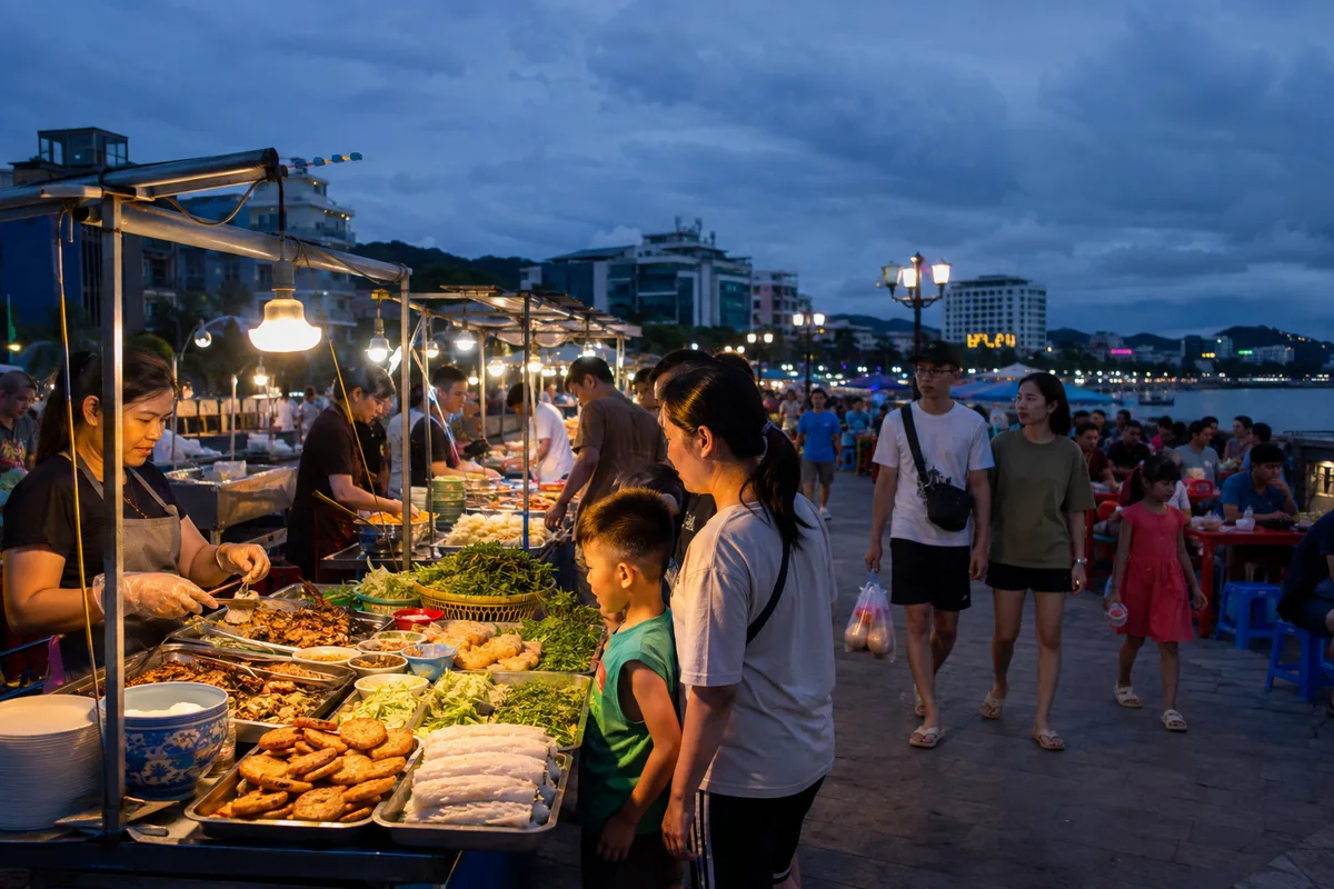 Families choosing cooked dishes at an evening food market beside the waterfront